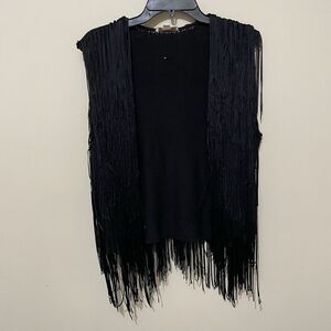 Ella Moss Vest Open Front Fringe Black Cowgirl Womens L Mob Wife Festival Indie